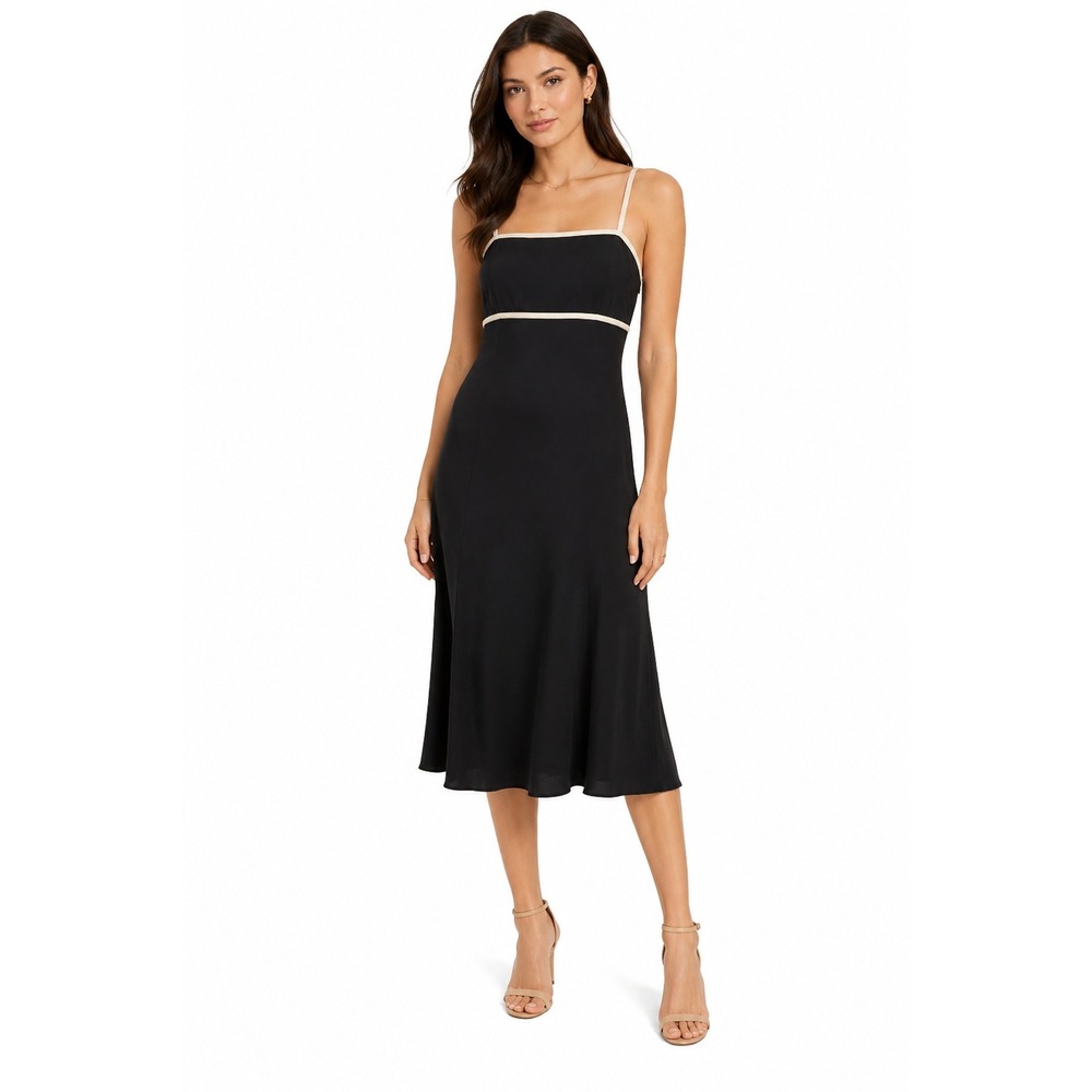 Maggy London Black Cream Trim Midi Dress Square Neck Spaghetti Strap Size 8